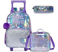 Egchescebo Mochilas Escolares con Ruedas Carro Niña Carta de Amor Cuero Mochila Carrito para Trolley Escolar Bolso de Viaje Estuche Stitch Mujer Maleta Colegio Medianas Infantil Niñas 16” 3pcs Morado