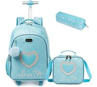 Egchescebo Mochilas Escolares con Ruedas Carro Niña Corazón Mochila Carrito para Trolley Escolar Bolso de Viaje Estuche Stitch Mujer Maleta Colegio Grande Medianas Infantil Niñas Estuche 17” 3pcs Azul
