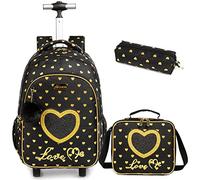 Egchescebo Mochilas Escolares con Ruedas Carro Niña Corazón Mochila Carrito para Trolley Escolar Bolso de Viaje Estuche Stitch Mujer Maleta Colegio Medianas Infantil Niñas Estuche 17” 3pcs Negro
