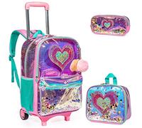 Egchescebo Mochilas Escolares con Ruedas Carro Niña Extraíble Corazón Transparente Mochila Carrito para Trolley Escolar Bolso de Viaje Estuche Stitch Mujer Maleta Colegio Medianas Infantil Niñas Rosa