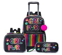 Egchescebo Mochilas Escolares con Ruedas Carro Niña Extraíble Letra GP Mochila Carrito para Trolley Escolar Bolso de Viaje Estuche Stitch Mujer Maleta Colegio Medianas Infantil Niñas 17” 3pcs Negro