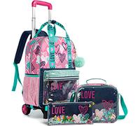 Egchescebo Mochilas Escolares con Ruedas Carro Niña Extraíble Mamá Corazón Mochila Carrito para Trolley Escolar Bolso de Viaje Estuche Stitch Mujer Maleta Colegio Medianas Infantil Niñas 17” 3pcs Rosa