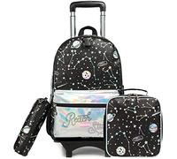 Egchescebo Mochilas Escolares con Ruedas Carro Niña Extraíble Planeta de Cuero Mochila Carrito para Trolley Escolar Bolso de Viaje Estuche Stitch Mujer Maleta Colegio Medianas Infantil Niñas Negro