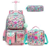 Egchescebo Mochilas Escolares con Ruedas Carro Niña Juego de Cuentas Mochila Carrito para Trolley Escolar Bolso de Viaje Estuche Stitch Mujer Maleta Colegio 17" Bolsillo Multifuncional Pentagrama Rojo