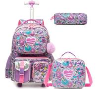 Egchescebo Mochilas Escolares con Ruedas Carro Niña Juego de Cuentas Mochila Carrito para Trolley Escolar Bolso de Viaje Estuche Stitch Mujer Maleta Colegio 17" Bolsillo Multifuncional Amor Rojo