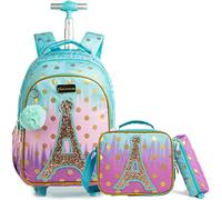 Egchescebo Mochilas Escolares con Ruedas Carro Niña Letra A Torre Mochila Carrito para Trolley Escolar Bolso de Viaje Estuche Stitch Mujer Maleta Colegio Medianas Infantil Niñas Estuche 17” 3pcs Azul