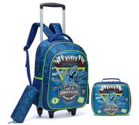 Egchescebo Mochilas Escolares con Ruedas Carro Niño 17" 3PCS Mochila Carrito para Trolley Escolar Bolso de Viaje Estuche Stitch Chicos Maleta Colegio Grande Medianas Infantil Niños Dinosaurios Azul