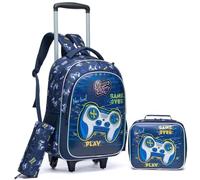 Egchescebo Mochilas Escolares con Ruedas Carro Niño 17" 3PCS Mochila Carrito para Trolley Escolar Bolso de Viaje Estuche Stitch Chicos Maleta Colegio Grande Medianas Infantil Niños Gamepad Azul