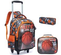 Egchescebo Mochilas Escolares con Ruedas Carro Niño 17" 3PCS Mochila Carrito para Trolley Escolar Bolso de Viaje Estuche Stitch Chicos Maleta Colegio Grande Medianas Infantil Niños Baloncesto Rojo