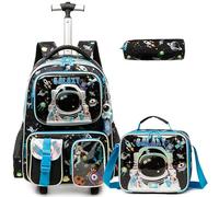 Egchescebo Mochilas Escolares con Ruedas Carro Niño Juego de Cuentas Mochila Carrito para Trolley Escolar Bolso Viaje Estuche Stitch Mujer Maleta Colegio 17" Bolsillo Multifuncional Astronautas Azul