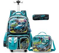 Egchescebo Mochilas Escolares con Ruedas Carro Niño Juego de Cuentas Mochila Carrito para Trolley Escolar Bolso de Viaje Estuche Stitch Mujer Maleta Colegio 17" Bolsillo Multifuncional Coche Azul