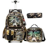 Egchescebo Mochilas Escolares con Ruedas Carro Niño Juego de Cuentas Mochila Carrito para Trolley Escolar Bolso Viaje Estuche Stitch Mujer Maleta Colegio 17" Bolsillo Multifuncional Fútbol Marrón