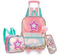 Egchescebo Mochilas Escolares con Ruedas Niña Extraíble Pentagrama Transparente Mochila Carrito para Trolley Escolar Bolso de Viaje Estuche Stitch Mujer Maleta Colegio Medianas Infantil Niñas Rosa