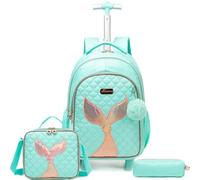 Egchescebo Mochilas Escolares con Sirena Ruedas Carro Niña 17" 3PCS Mochila Carrito para Trolley Escolar Bolso de Viaje Estuche Stitch Mujer Maleta Colegio Grande Medianas Infantil Niñas Azul Cielo