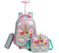 Egchescebo Mochilas Escolares con Unicornio Ruedas Carro Niña 17" 3PCS Mochila Carrito para Trolley Escolar Bolso de Viaje Estuche Stitch Mujer Maleta Colegio Grande Medianas Infantil Niñas Rosa