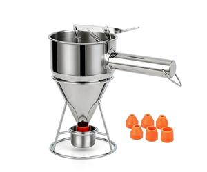 eGenuss 1 Embudo dosificador dispensador de masa dosificador en acero inoxidable 18/8 con medida graduada y asa + 7 boquillas de silicona + pedestal con colector de masa + bolsa | 1,2 L