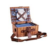 eGenuss Cesta de Mimbre para Picnic 2 Personas | con Correa de Hombro Desmontable, Cubiertos de Acero Inoxidable, refrigerador, Copas de Vino y Platos en Porcelana | Azul