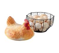 Egg Basket - Vintage Metal Wire Storage Holder with Ceramic Hen Lid | Farmhouse Chic Egg Gathering Basket with Swing Handles & Rust-Resistant Coating for Kitchen and Farm