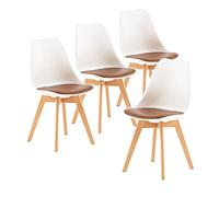 EGGREE Pack 4 Sillas de Comedor Sillas Cocina Nordica con Asiento Tapizado de Cuero PU y Patas de Haya, Blanco & Cuero PU Marrón