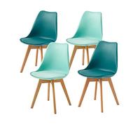EGGREE Pack 4 Sillas de Comedor Sillas Cocina Nórdica de Plástico con Cojín de Asiento de Cuero PU y Las piernas de Madera de Haya Maciza, 2 Verde Menta + 2 Turquesa