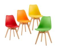 EGGREE Pack 4 Sillas de Comedor Sillas Cocina Nórdica de Plástico con Cojín de Asiento de Cuero PU y Las piernas de Madera de Haya Maciza,Amarillo+Rojo+Verde+Naranja