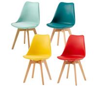 EGGREE Pack 4 Sillas de Comedor Sillas Cocina Nórdica de Plástico con Cojín de Asiento de Cuero PU y Las piernas de Madera de Haya Maciza, Amarillo+Rojo+Turquesa+Verde Menta