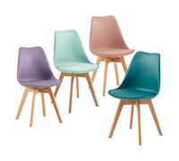 EGGREE Pack 4 Sillas de Comedor Sillas Cocina Nórdica de Plástico con Cojín de Asiento de Cuero PU y Las piernas de Madera de Haya Maciza,Rosa Ahumado+Turques Verde Ment Gris púrpura