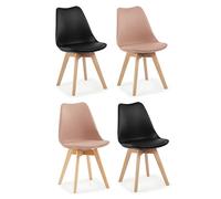 EGGREE Pack 4 Sillas de Comedor Sillas Cocina Nórdica de Plástico con Cojín de Asiento de Cuero PU y Las piernas de Madera de Haya Maciza, 2 Negro + 2 Marrón Rosa