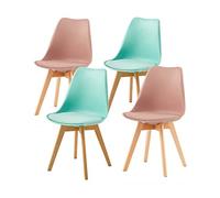 EGGREE Pack 4 Sillas de Comedor Sillas Cocina Nórdica de Plástico con Cojín de Asiento de Cuero PU y Las piernas de Madera de Haya Maciza, 2 Verde Menta + 2 Marrón Rosa