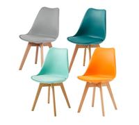 EGGREE Pack 4 Sillas de Comedor Sillas Cocina Nórdica de Plástico con Cojín de Asiento de Cuero PU y Las piernas de Madera de Haya Maciza,Gris＋Turquesa +Menta＋Naranja