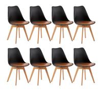 EGGREE Pack 8 Sillas de Comedor Sillas Cocina Nordica con Asiento Tapizado de Cuero PU y Patas de Haya, Negro & Cuero PU Marrón
