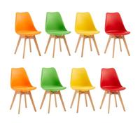 EGGREE Pack 8 Sillas de Comedor Sillas Cocina Nórdica de Plástico con Cojín de Asiento de Cuero PU y Las piernas de Madera de Haya Maciza,2Amarillo+2Rojo+2Verde+2Naranja