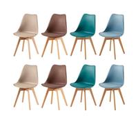 EGGREE Pack 8 Sillas de Comedor Sillas Cocina Nórdica de Plástico con Cojín de Asiento de Cuero PU y Las piernas de Madera de Haya Maciza,Morandi Azul Claro+ Turquesa+Caqui Claro+Marrón Chocolate