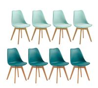 EGGREE Pack 8 Sillas de Comedor Sillas Cocina Nórdica de Plástico con Cojín de Asiento de Cuero PU y Las piernas de Madera de Haya Maciza,4 Verde Menta + 4 Turquesa