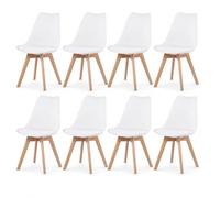 EGGREE Pack de 8 Sillas de Comedor Sillas Cocina Nordica con Asiento Tapizado y Las piernas de Madera de Haya Maciza, Blanco