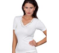 EGI Camiseta de mujer 85% lana y 15% seda con cuello de encaje, manga corta, Lana blanca., X-Small