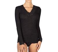 EGI Camiseta de mujer de manga larga de micro lana acanalada con cuello en V y puños de encaje, Negro , S-M