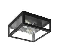 EGLO Amezola Lámpara de techo de 2 focos, aplique estilo industrial, vintage, lámpara de salón de acero y cristal, lámpara de cocina en negro, transparente, lámpara de baño, casquillo E27, IP44