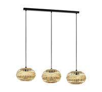 Eglo Amsfield Lámpara colgante de 1 o 3 luces, sobre mesa de comedor, lámpara colgante de metal negro y bambú marrón, lámpara colgante de madera con casquillo E27, L 96 cm