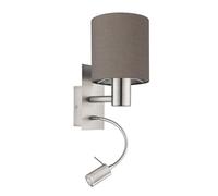 Eglo Aplique de pared LED PASTERI, aplique de pared textil con dos bombillas, acero níquel mate, textil antracita marrón, casquillo E27, incluye interruptor y luz de lectura LED flexible