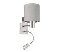 Eglo Aplique de pared LED PASTERI, aplique de pared textil con dos bombillas, acero níquel mate, textil antracita marrón, casquillo E27, incluye interruptor y luz de lectura LED flexible