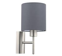 Eglo Aplique de pared PASTERI, aplique de pared textil con una bombilla, materiaL acero, textil, color níquel mate, gris, casquillo E27, incl interruptor