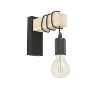 Eglo Aplique de pared TOWNSHEND, aplique de pared vintage con 1 bombilla en diseño industrial, lámpara retro de acero y madera, color negro, marrón, casquillo E27, certificado FSC