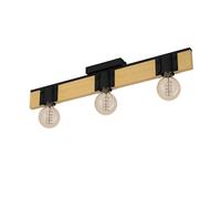 Eglo Bailrigg Foco para techo, lámpara para techo de 3 luces, FSC100HB | lámpara para techo rectangular, madera natural y metal negro, casquillo E27