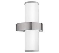 Eglo Beverly Lámpara de pared para exterior de 2 focos, aplique de acero inoxidable en color plata y cristal blanco esmerilado, casquillo E27, IP44