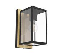 Eglo Budrone Lámpara de pared exterior, iluminación exterior de la casa, lámpara de pared exterior de metal en negro, con efecto madera y cristal transparente, casquillo E27, IP44