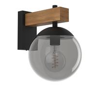 Eglo Bufalata Aplique para exteriores, iluminación exterior, lámpara de pared exterior de metal negro y símil madera, globo de plástico en negro-transparente, casquillo E27, IP44