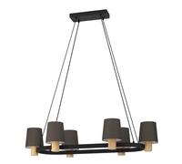 Eglo Chandelier Edale, lámpara colgante para comedor de 6 luces, luminaria forma ovalada, FSC100HB, iluminador de metal en negro, madera de roble y textil en cappucchino, candil con casquillo E27