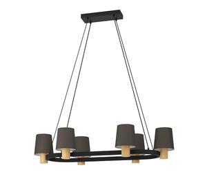 Eglo Chandelier Edale, lámpara colgante para comedor de 6 luces, luminaria forma ovalada, FSC100HB, iluminador de metal en negro, madera de roble y textil en cappucchino, candil con casquillo E27