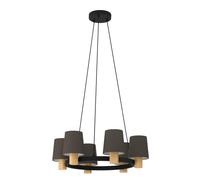 Eglo Chandelier Edale, lámpara colgante para comedor de 6 luces, luminaria forma redonda, FSC100HB, iluminador de metal en negro, madera de roble y textil en cappucchino, candil con casquillo E27